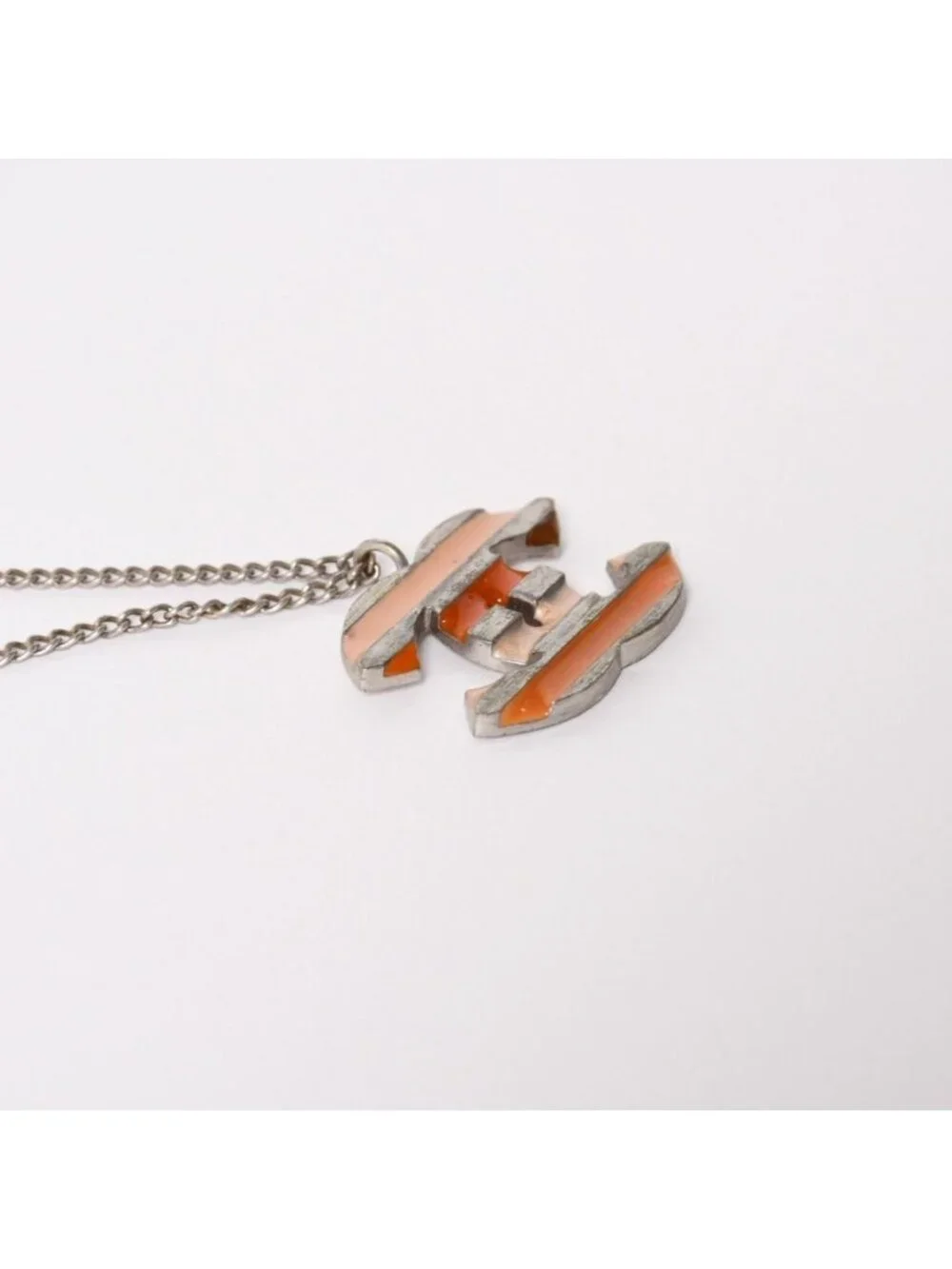 Chanel Necklace CC Logo Border Orange Pink Silver 05